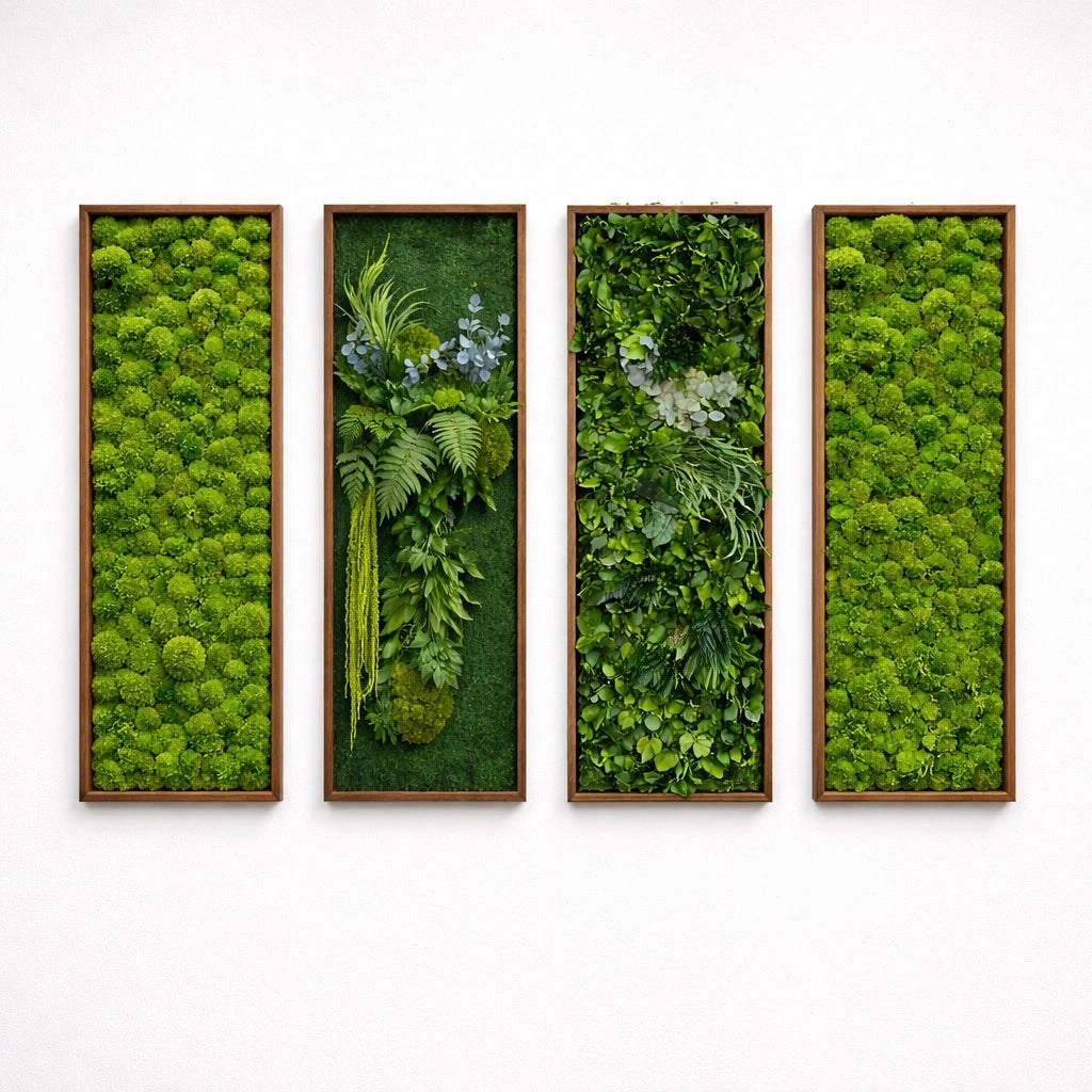 Composition de 4 tableaux bois végétaux naturels stabilisés - Bubble/Jungle/Forest/Bubble 115x40 cm