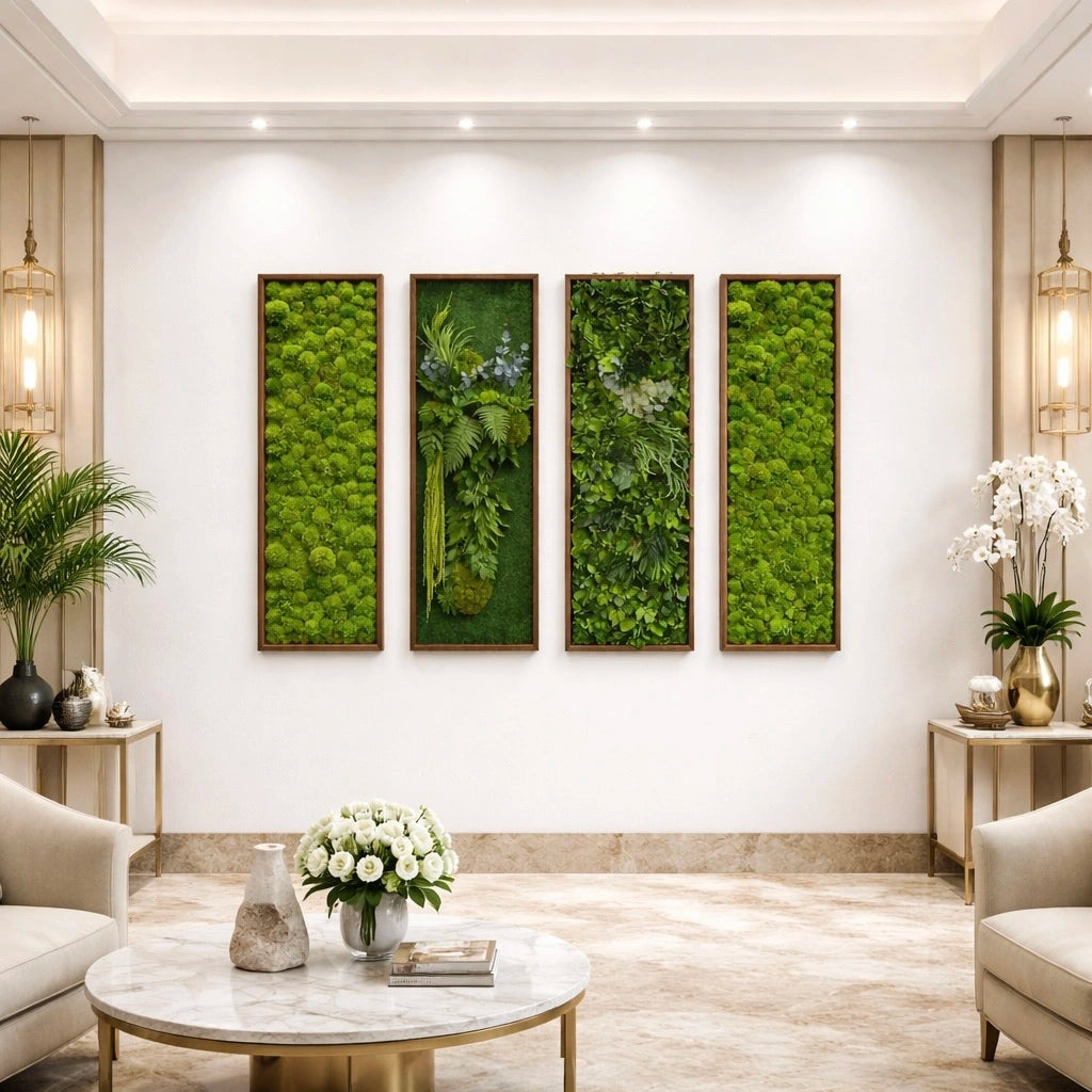 Composition de 4 tableaux bois végétaux naturels stabilisés - Bubble/Jungle/Forest/Bubble 115x40 cm