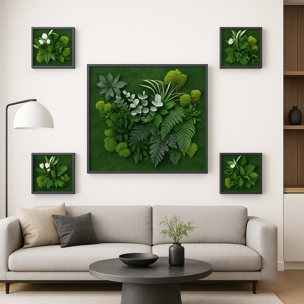 Composition de 5 tableaux végétaux naturel stabilisés - jungle 75 x75 - 40x40