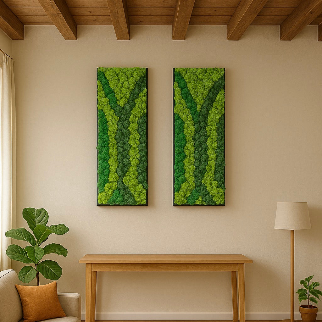 Composition de 2 tableaux végétaux naturels - Lichen 115x40 cm